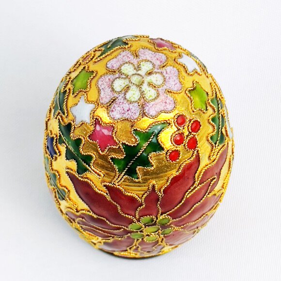 Cloisonne Enameled Brass Christmas Holiday Poinsettia Egg & Stand - Picture 4 of 7